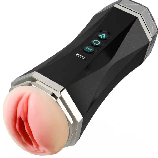 YB02 - Double-headed, rechargeable male masturbator with vibration and sound.